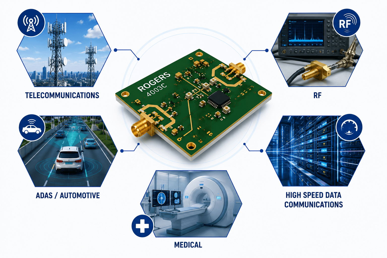 Grid of high-frequency application images: base station, radar, automotive sensor