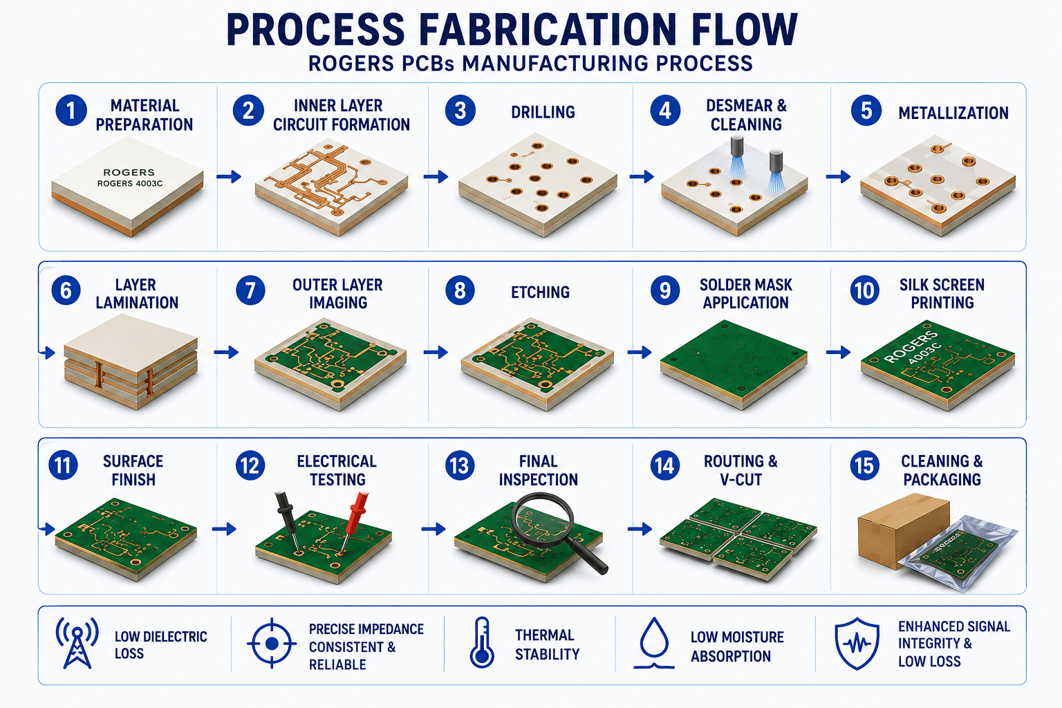 Cross-section illustration of Rogers PCB layers PTFE/ceramic composite with copper foils