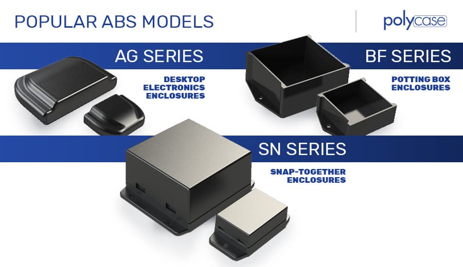 Grid of enclosure images – industrial panel, outdoor renewable energy box, medical device housing