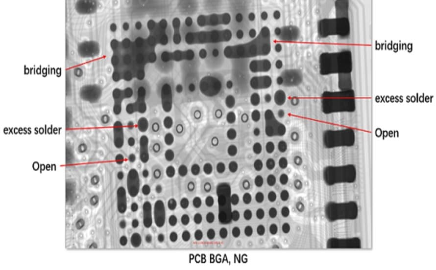 X-ray inspection of PCB showing BGA solder defects