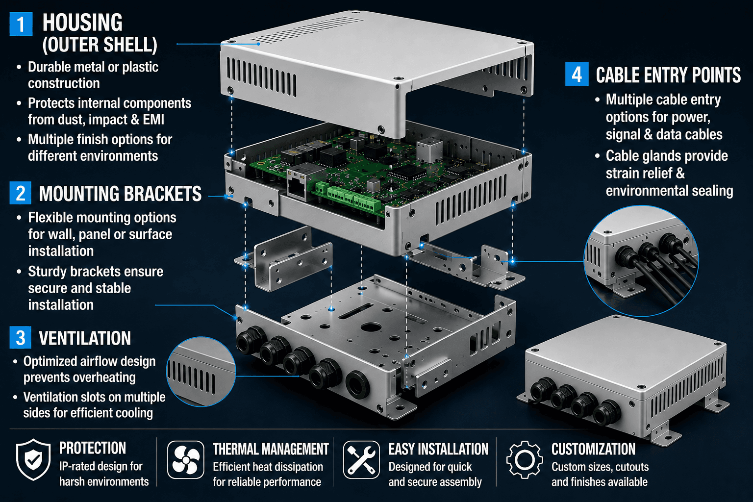 Grid of enclosure images – industrial panel, outdoor renewable energy box, medical device housing