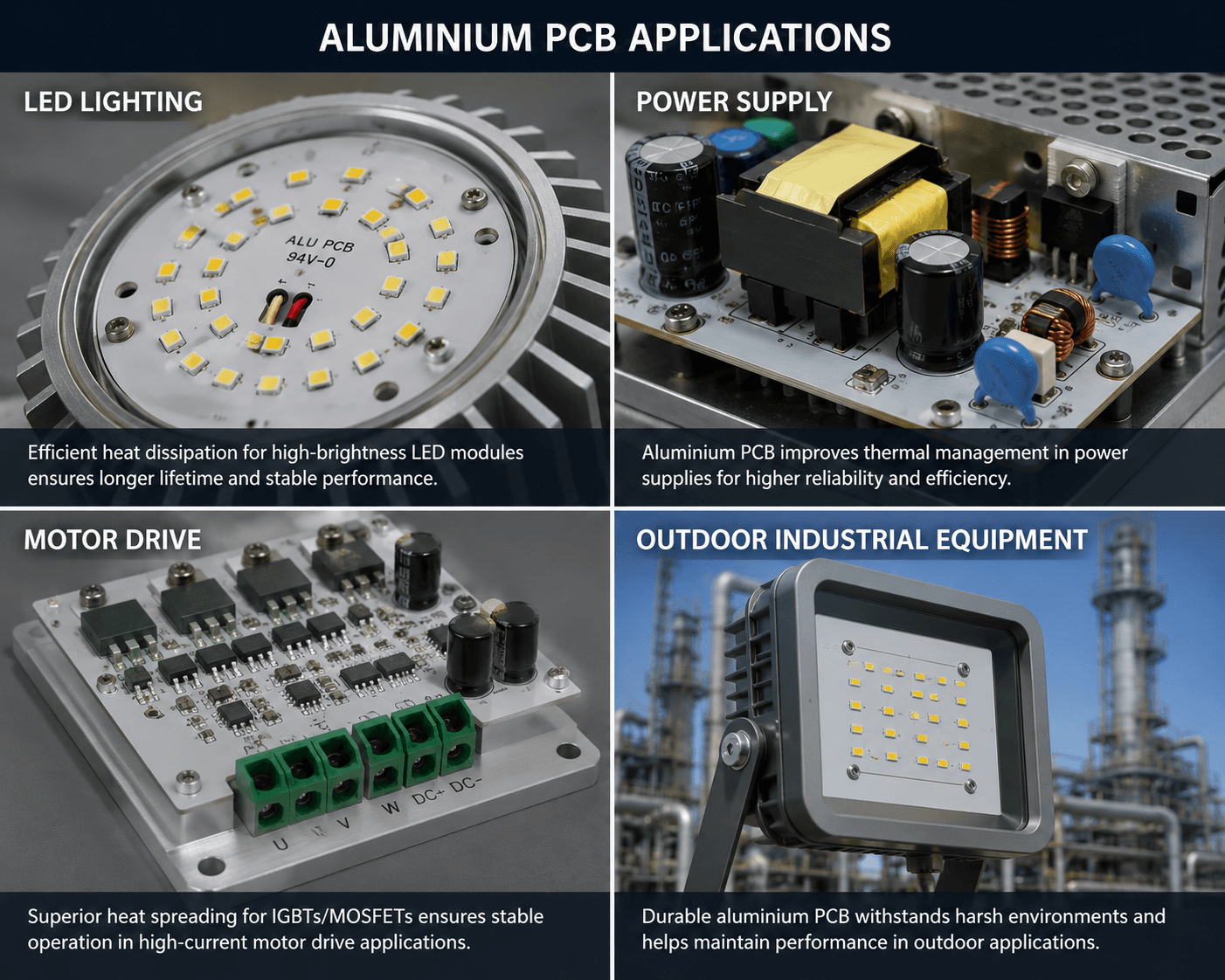 Grid of application photos – LED lighting, power supply, motor drive, outdoor industrial equipment