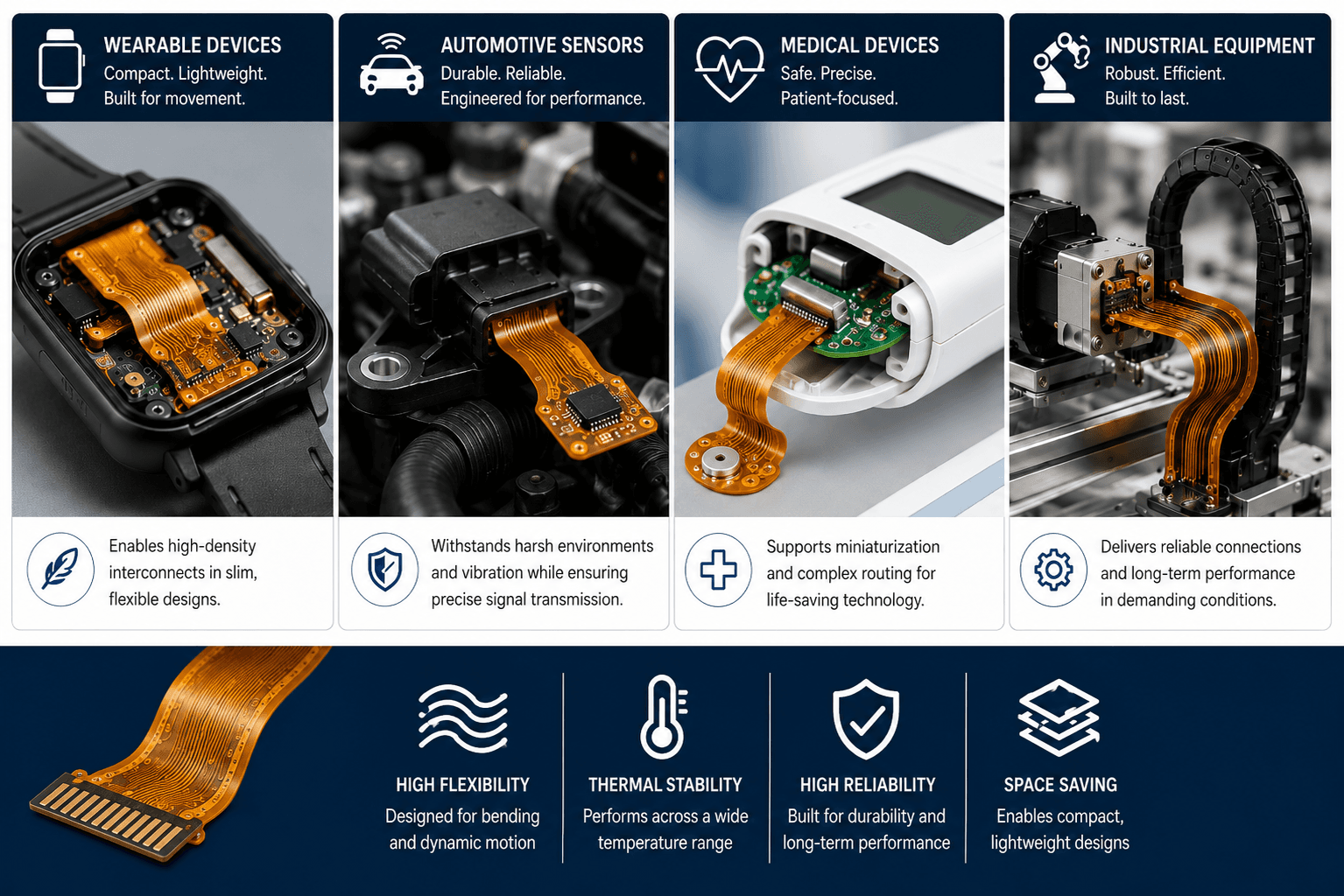 Application grid – wearable, automotive sensor, medical device flex PCB, industrial equipment