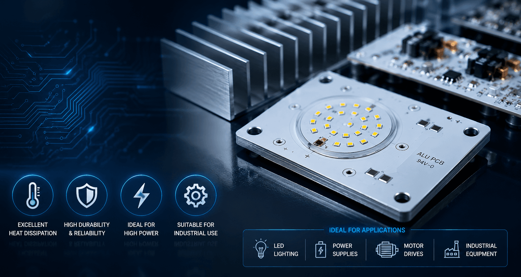 Aluminium-core PCB with power components mounted, clean industrial background