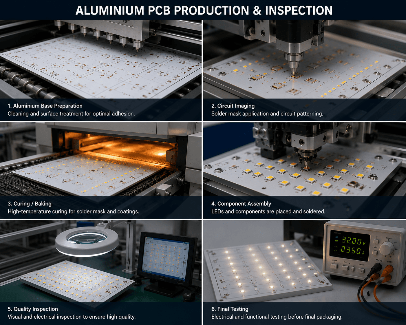Technical cross-section diagram of aluminium PCB stack-up showing copper layer, dielectric, and aluminium base