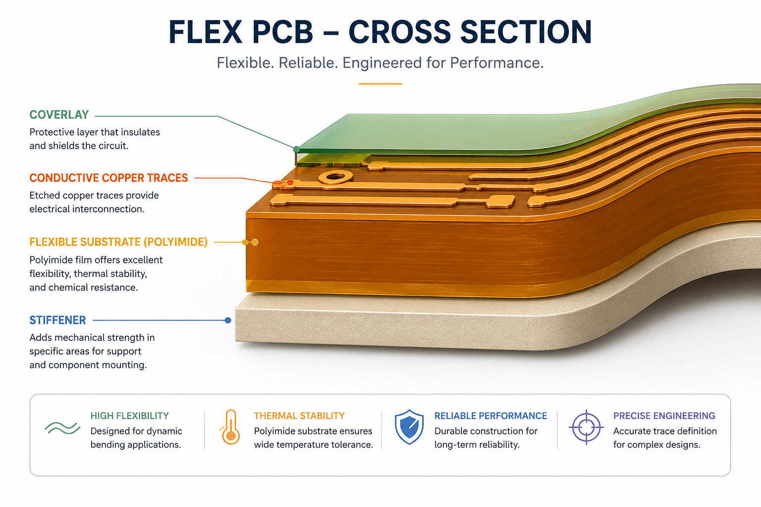 Cross-section diagram showing flexible substrate (polyimide), conductive copper traces, coverlay, and stiffener